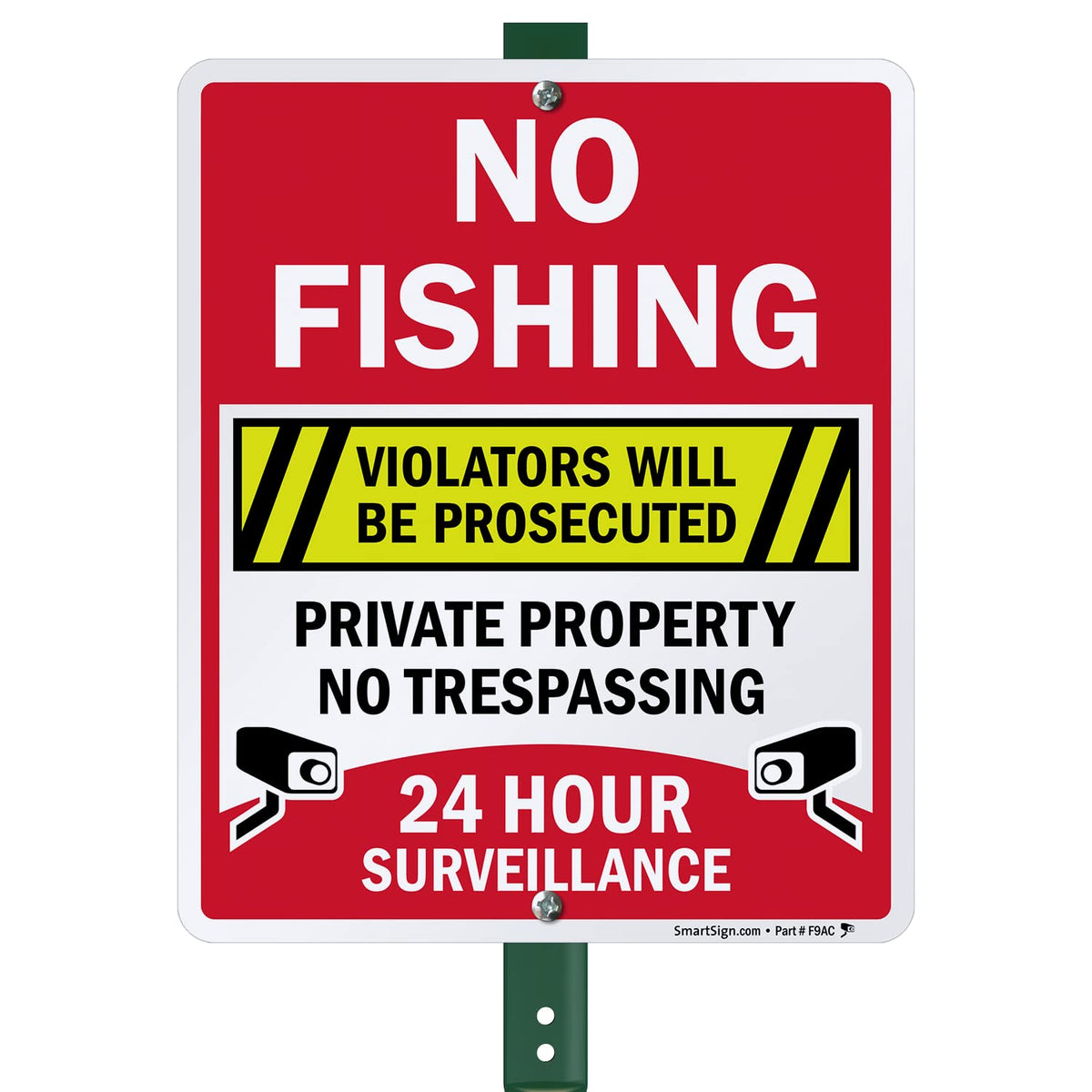 SmartSign 12" x 10" 'No Fishing Violators Prosecuted, Private Property, No Trespassing' Yard Sign with 3 ft Stake, 40 mil Aluminum 3M Laminated Engineer Grade Reflective, Set of 1 Reflective Aluminum Sign with 3' Stake