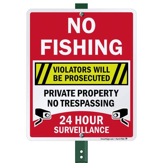 SmartSign 12" x 10" 'No Fishing Violators Prosecuted, Private Property, No Trespassing' Yard Sign with 3 ft Stake, 40 mil Aluminum 3M Laminated Engineer Grade Reflective, Set of 1 Reflective Aluminum Sign with 3' Stake