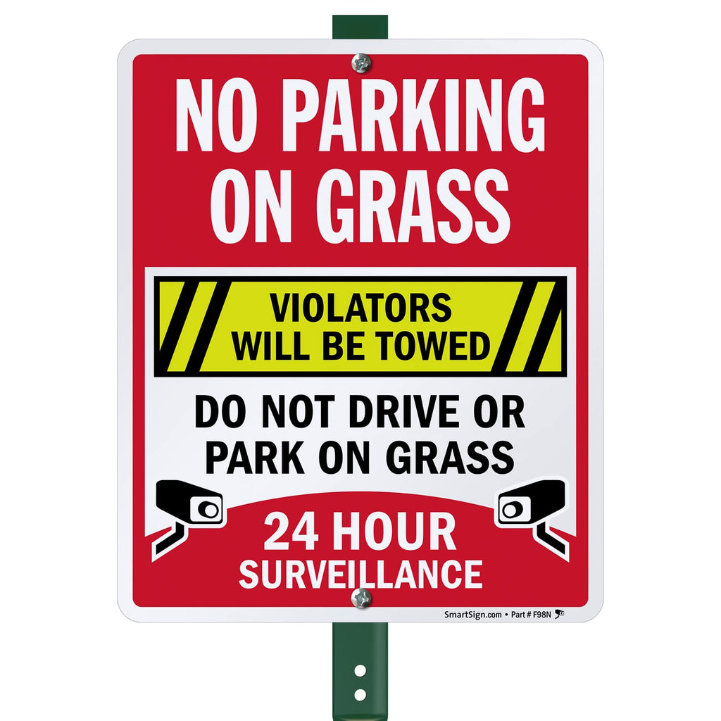 SmartSign 12" x 10" 'No Parking On Grass Violators Towed, Do Not Drive On Grass' Yard Sign with 3 ft Stake, 40 mil Aluminum 3M Laminated Engineer Grade Reflective, Multicolor Reflective Aluminum Sign with 3' Stake