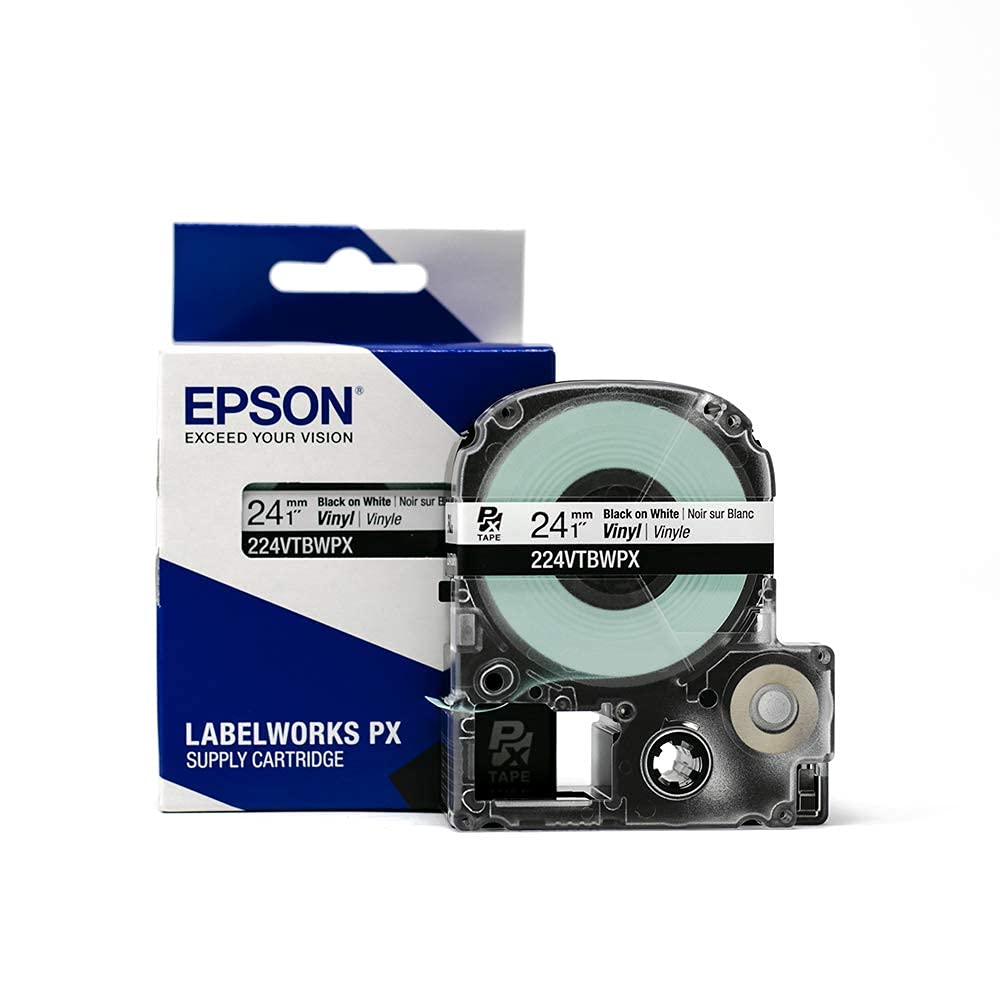 Epson LABELWORKS 224VTBWPX Vinyl Tape - Black on White - 1" (24mm), 22.9ft 24mm