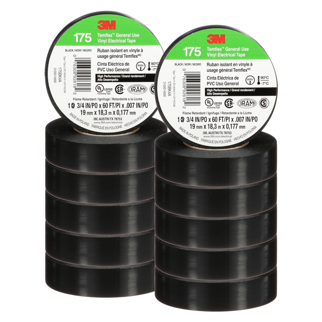 3M Temflex Vinyl Electrical Tape 175, 3/4 in x 60 ft, Black, 10 Rolls