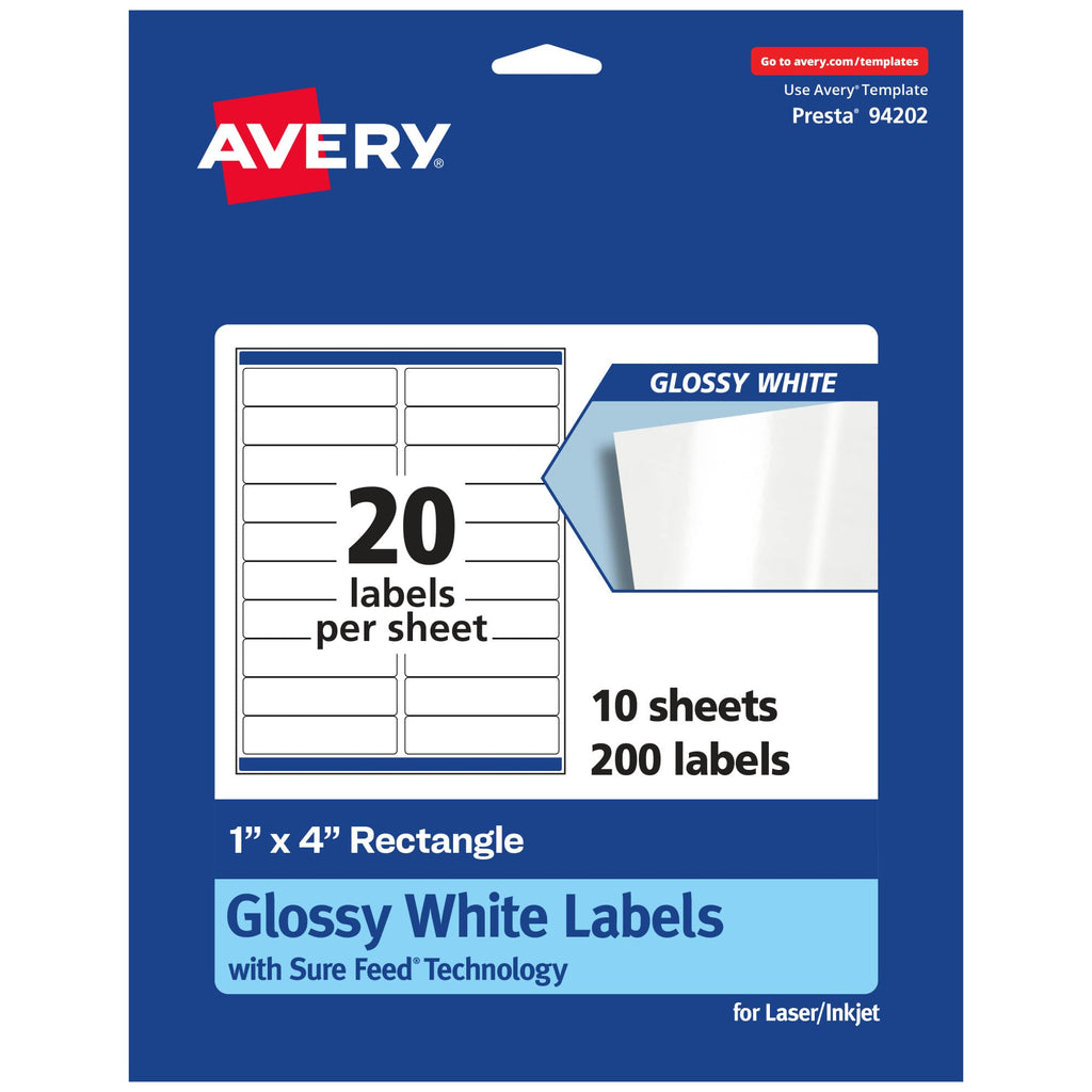 Avery® Rectangle Labels, Sure Feed® Technology, 1" x 4", 200 Glossy White Labels (36451) 200 labels