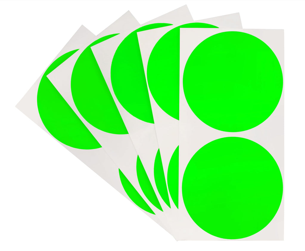 ChromaLabel 3-inch round fluorescent green inventory labels with permanent color code dots, high visibility warehouse stickers.