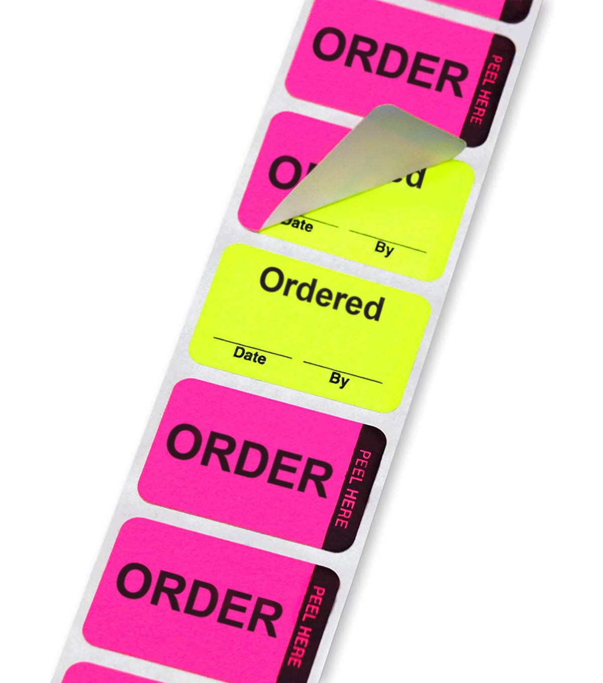 ChromaLabel fluorescent pink and yellow double-layer color-coding quality control label showing "Order" and "Ordered" text, 1.5-inch size.