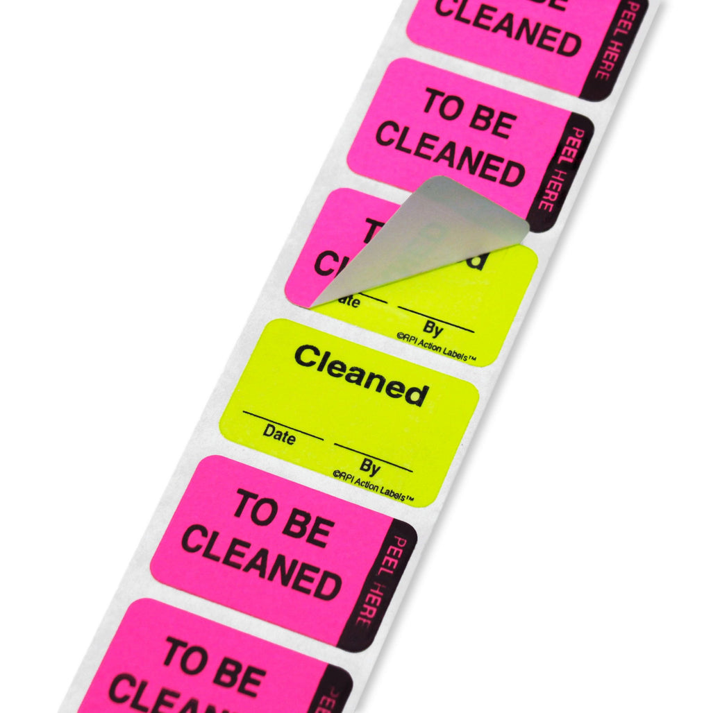 ChromaLabel fluorescent pink and yellow double-layer quality control label, 1x1.50 inches, imprinted "to Be Cleaned" and "Cleaned"