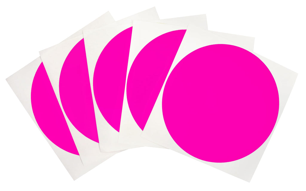 ChromaLabel 4-inch round fluorescent pink inventory labels with permanent color code dots, high visibility for warehouse use, 100 pack.