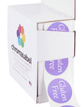 ChromaLabel 1-inch round lavender food labels for medication, gluten-free, with 500 stickers in a dispenser box