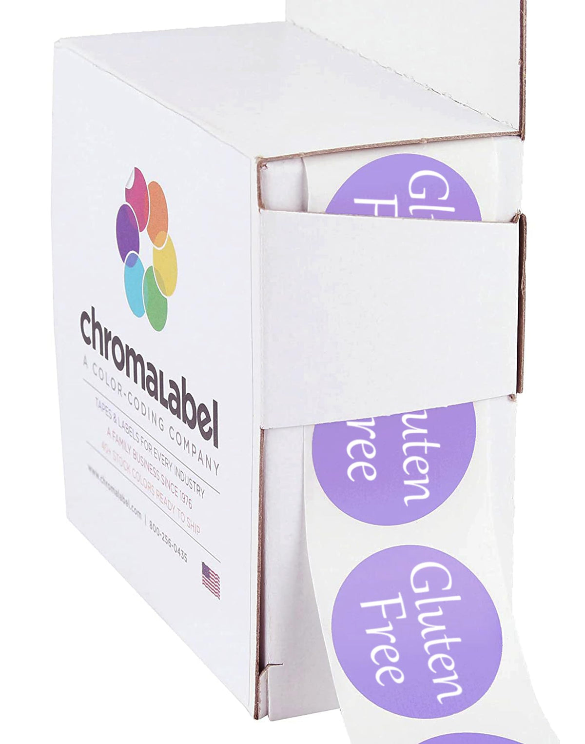 ChromaLabel 1-inch round lavender food labels for medication, gluten-free, with 500 stickers in a dispenser box