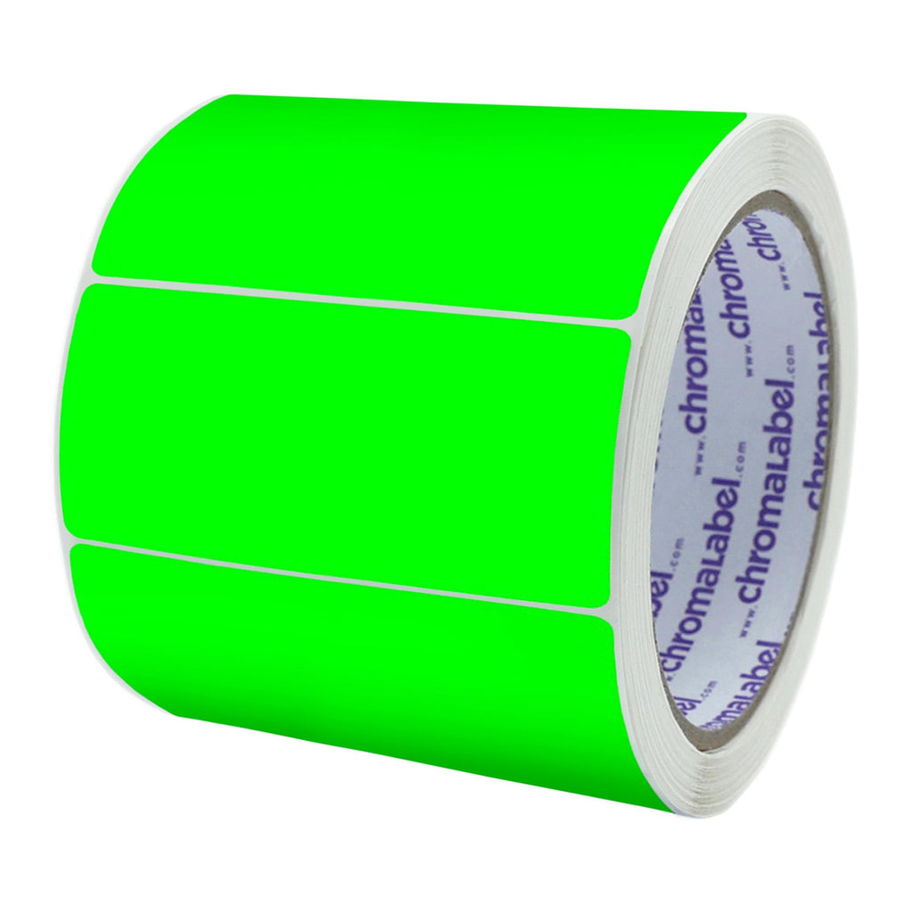 ChromaLabel fluorescent green 2x4 inch permanent color code rectangle labels, 250 stickers per roll for color-coding.