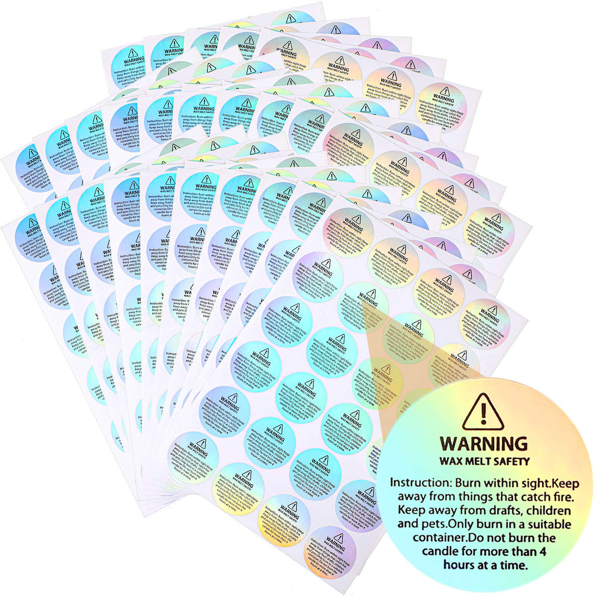 Holographic candle warning labels on candle jar containers, safety stickers for candle making supplies by Zonon.