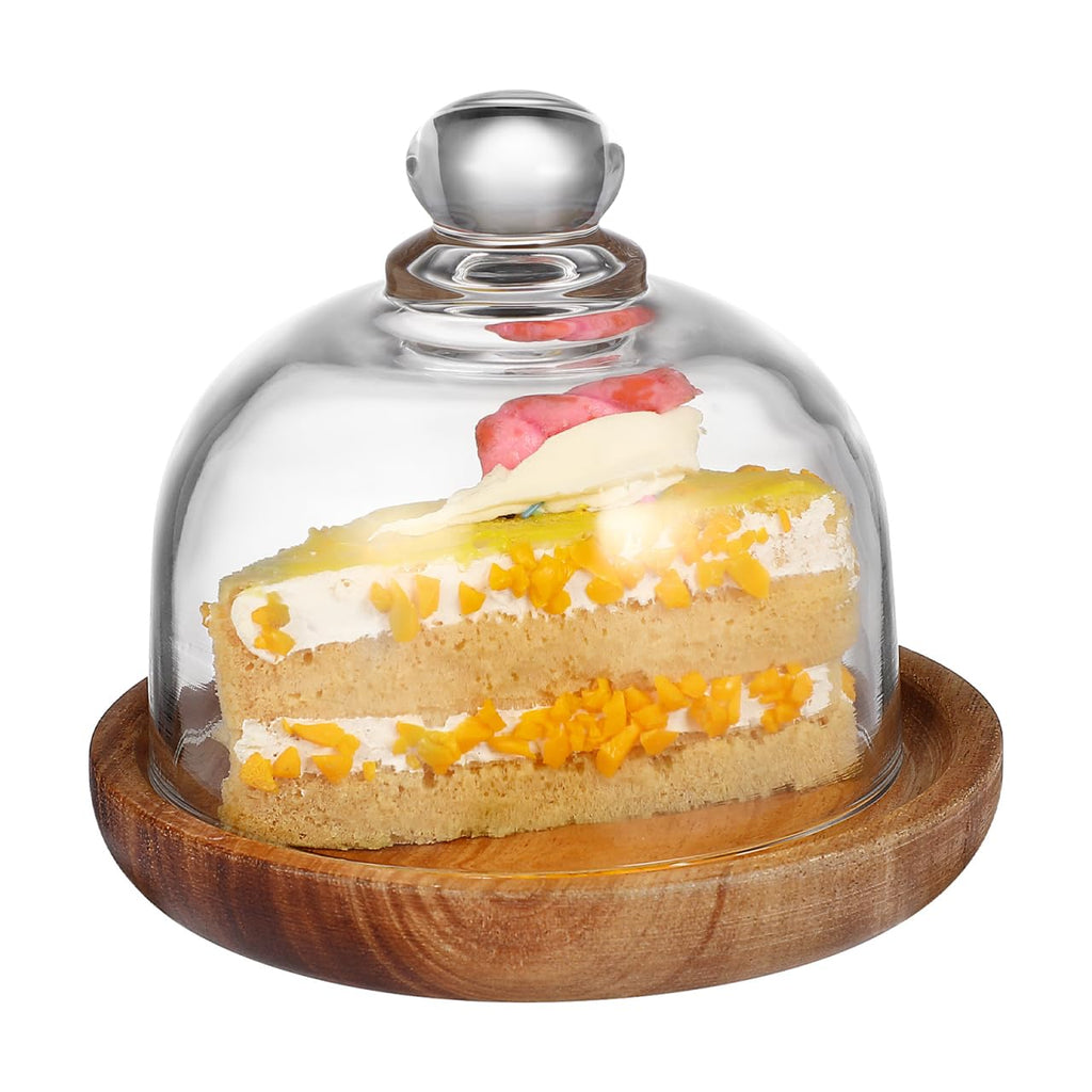 4.2 Inch Wooden Base Small Cake Display Stand with Glass Dome,Cloche Clear Glass Bell Jar Cover for Dessert Cheese Candy Plants Succulents
