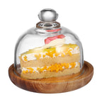 4.2 Inch Wooden Base Small Cake Display Stand with Glass Dome,Cloche Clear Glass Bell Jar Cover for Dessert Cheese Candy Plants Succulents