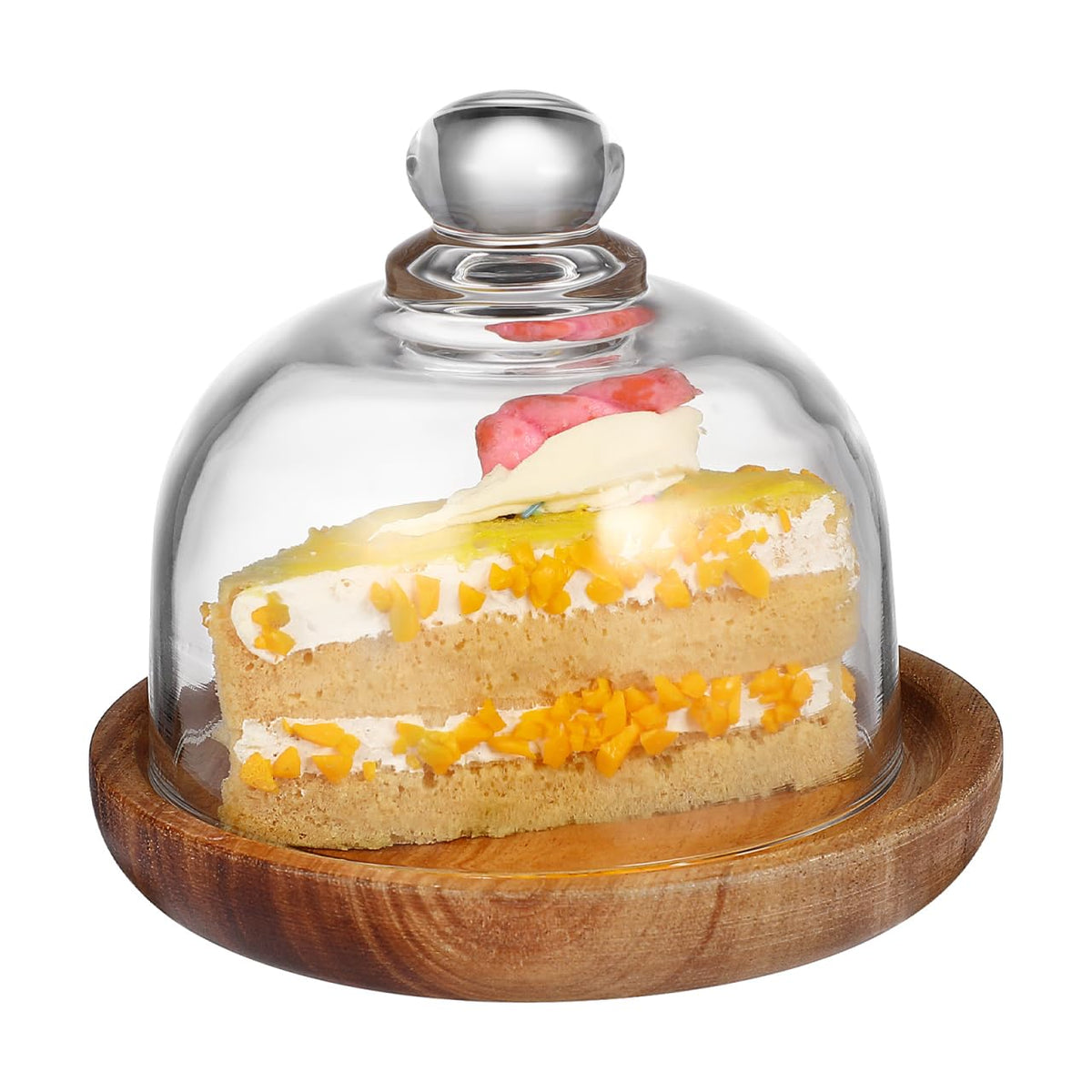 4.2 Inch Wooden Base Small Cake Display Stand with Glass Dome,Cloche Clear Glass Bell Jar Cover for Dessert Cheese Candy Plants Succulents