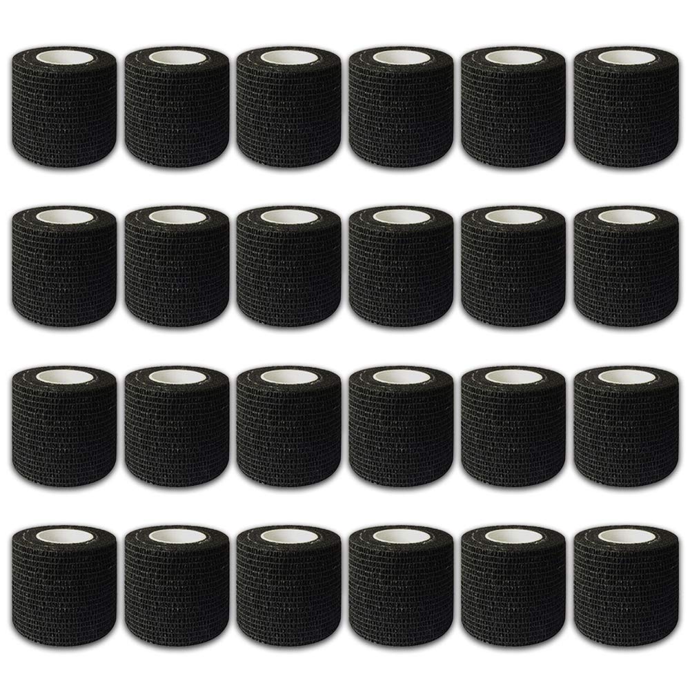 Autdor Tattoo Grip Cover Wrap - 24Pcs 2" x 5 Yards Disposable Cohesive Tattoo Grip Tape Wrap Black Elastic Bandage Rolls Self-Adherent Tape for Tattoo Machine Grip Tube, Sports Tape