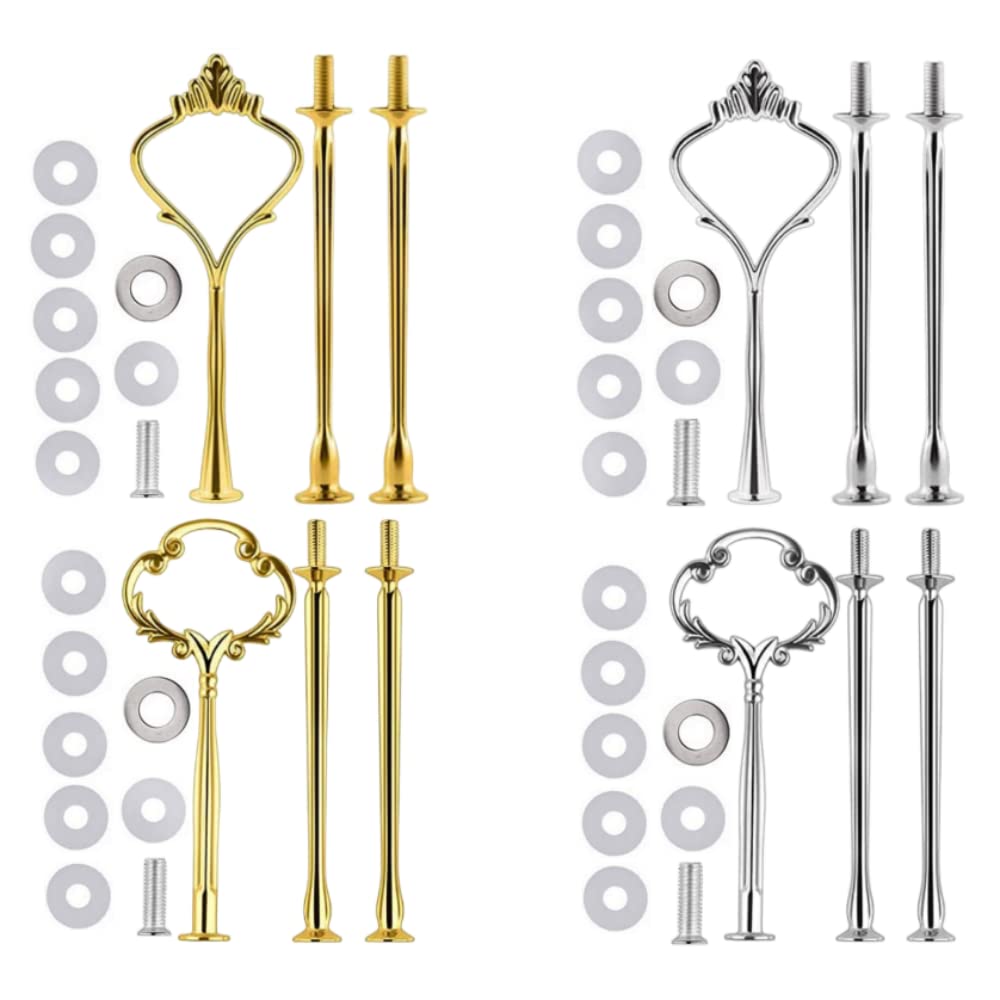 4 Sets of 3 Tier Cake Plate Stand Handle Hardware, Cake Fruit Food Plate Stand Handle Fitting Hardware Rod Holder - Vintage Sunflower+Crown Fittings(Golden+Siver)