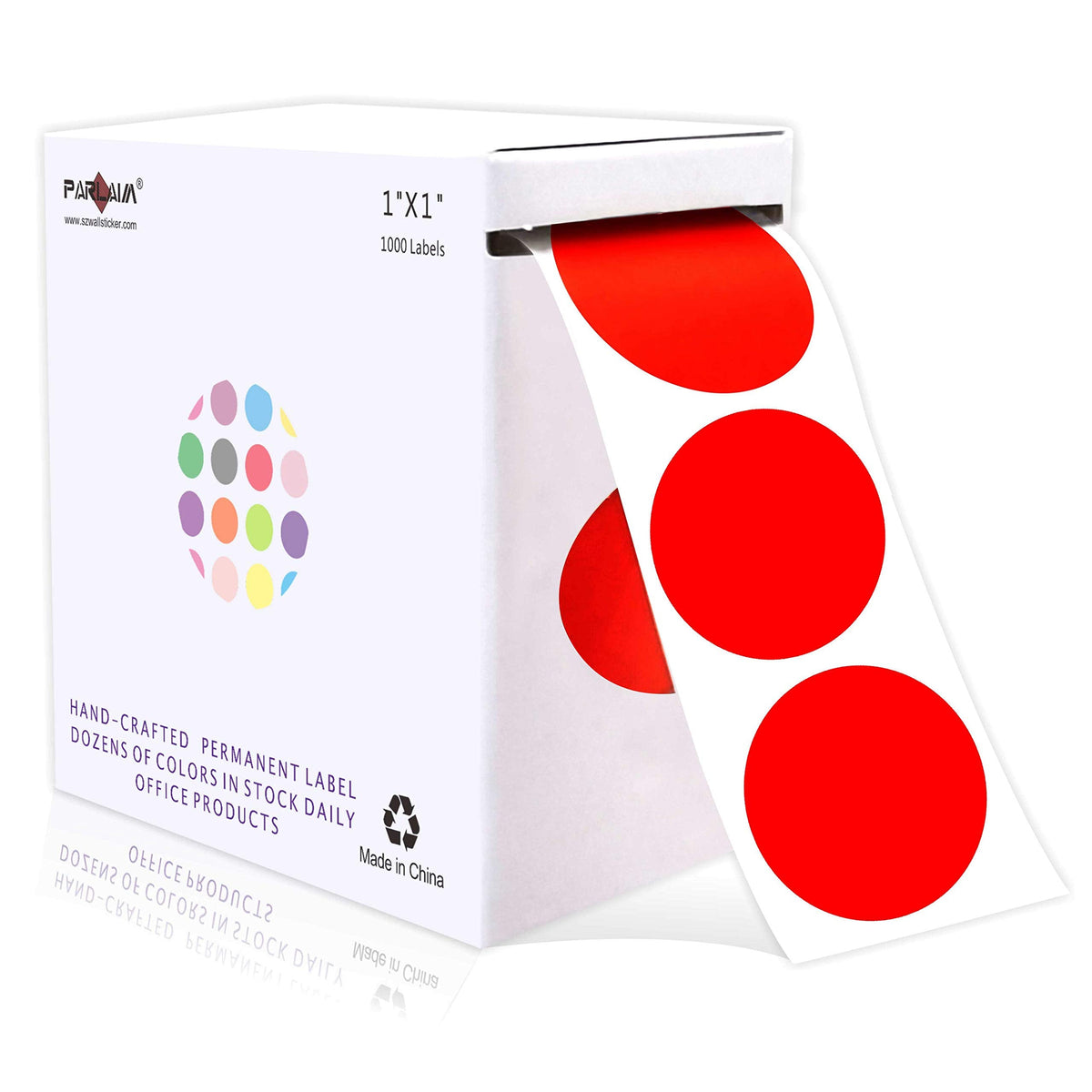 Red PARLAIM 1-inch round adhesive color-code dot stickers on a roll for office and classroom labeling, 1000 per dispenser box.