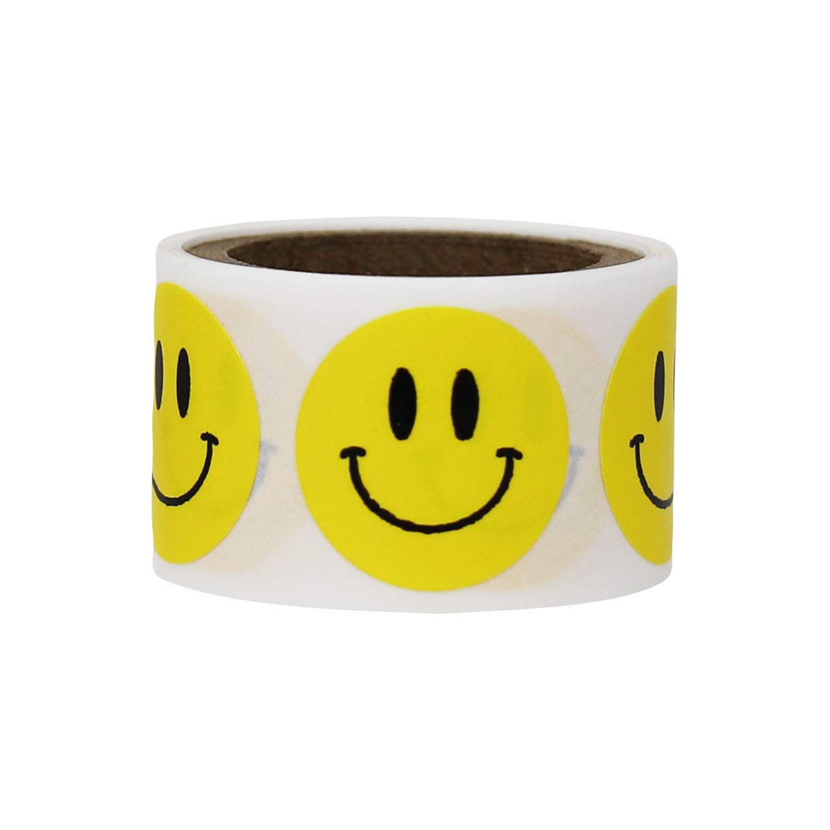 Yellow happy face sticker labels on a small roll, 0.75 inch diameter, with 50 adhesive stickers 