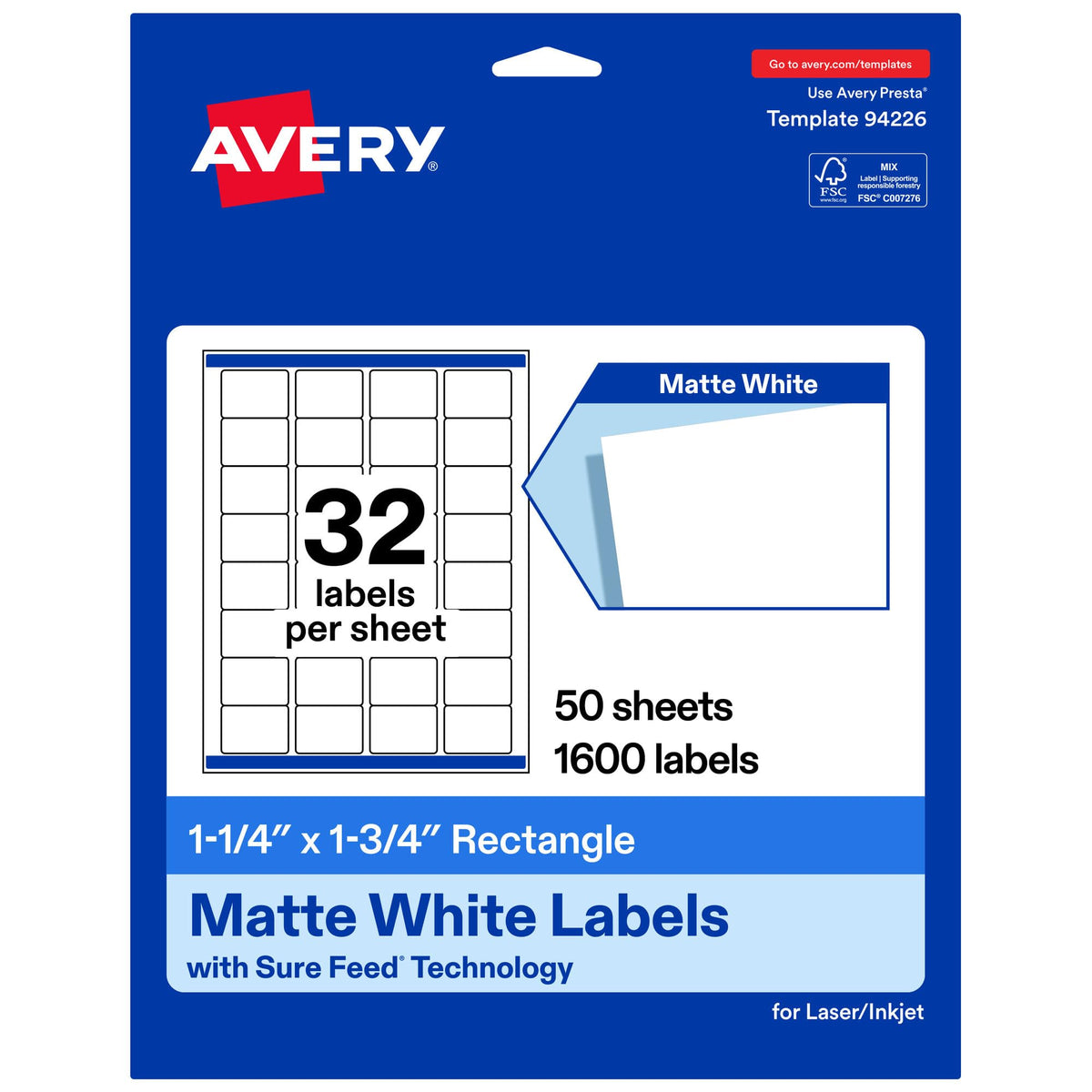 Avery® Matte White Rectangle Labels, 1.25" x 1.75", 1600 Total 1,600 labels