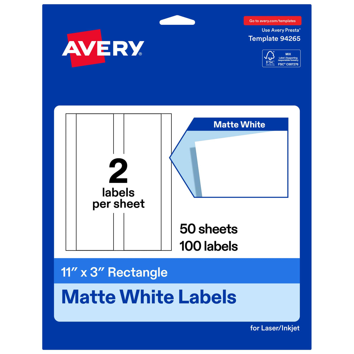 Avery® Matte White Rectangle Labels, 11" x 3", 100 Total 100 labels
