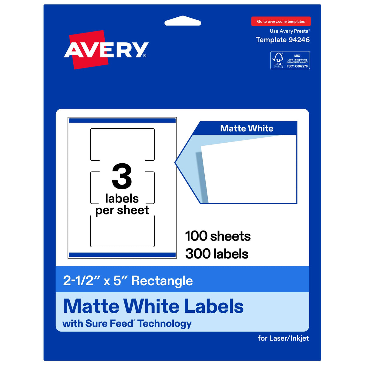 Avery® Matte White Rectangle Labels, 2.5" x 5", 300 Total 2.5" x 5" 300 Count