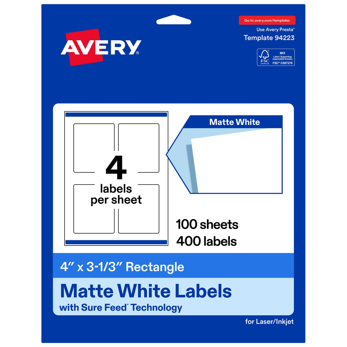 Avery® Matte White Rectangle Labels, 4" x 3-1/3", 400 Total 400 labels