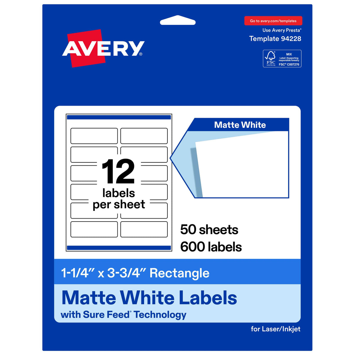 Avery Matte White Rectangle Labels, Sure Feed Technology, 1.25" x 3.75", 600 Matte White Printable Labels 600 labels