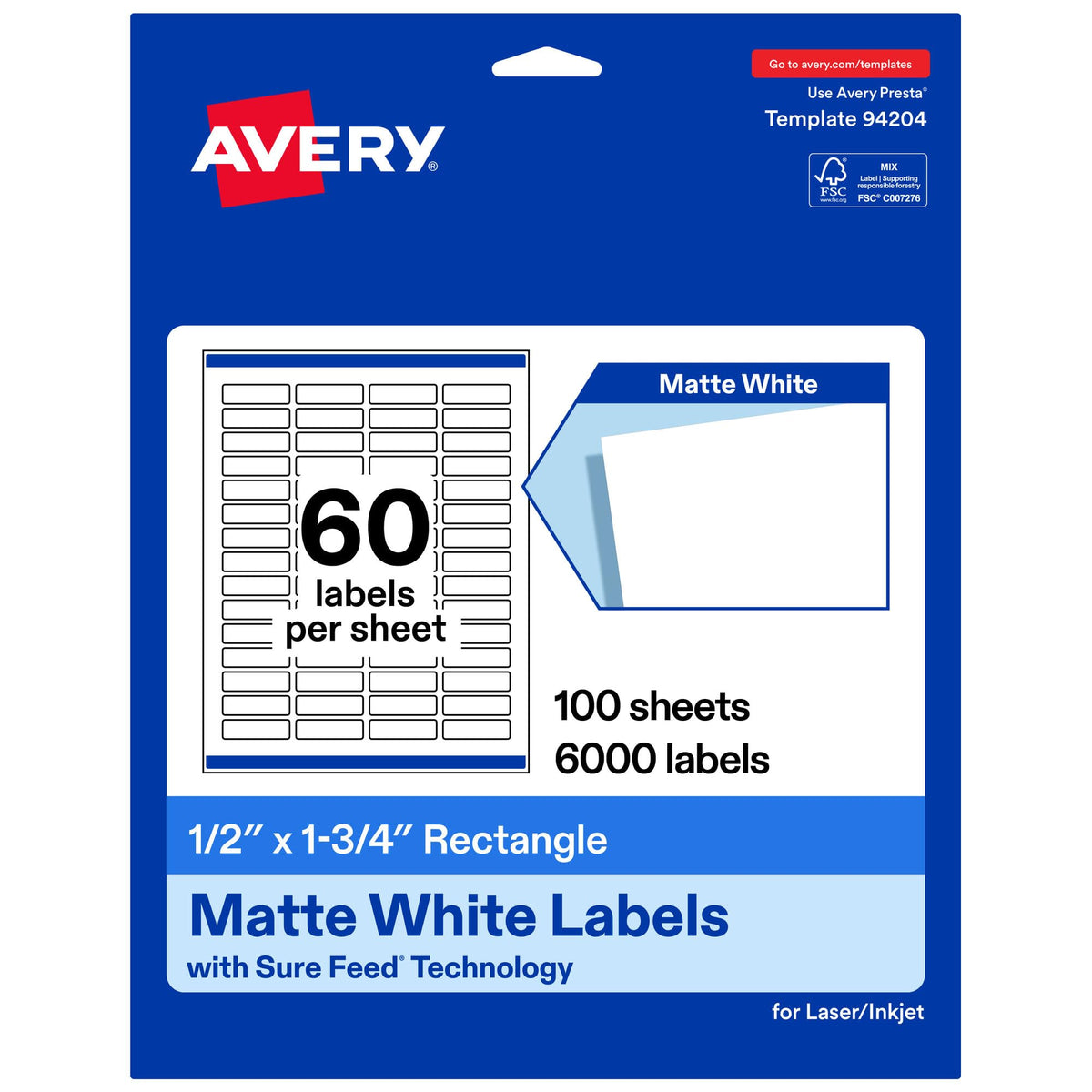 Avery Matte White Rectangle Labels, Sure Feed Technology, 0.5" x 1.75", 6,000 Matte White Printable Labels 6,000 labels