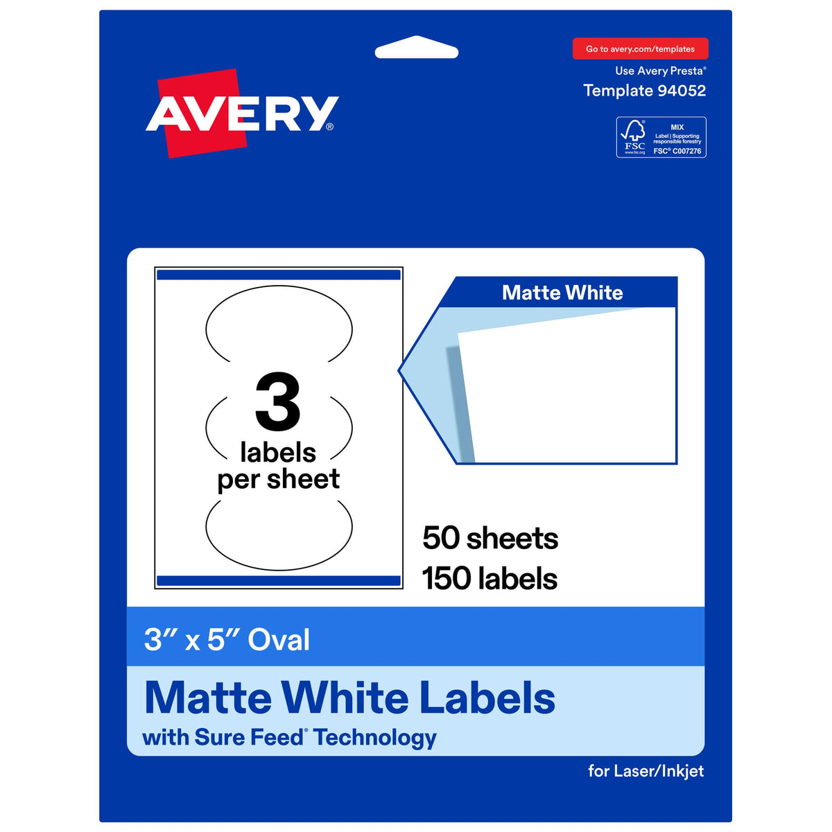 Avery® Printable Matte White Oval Labels, 3" x 5", 150 Total 150 labels