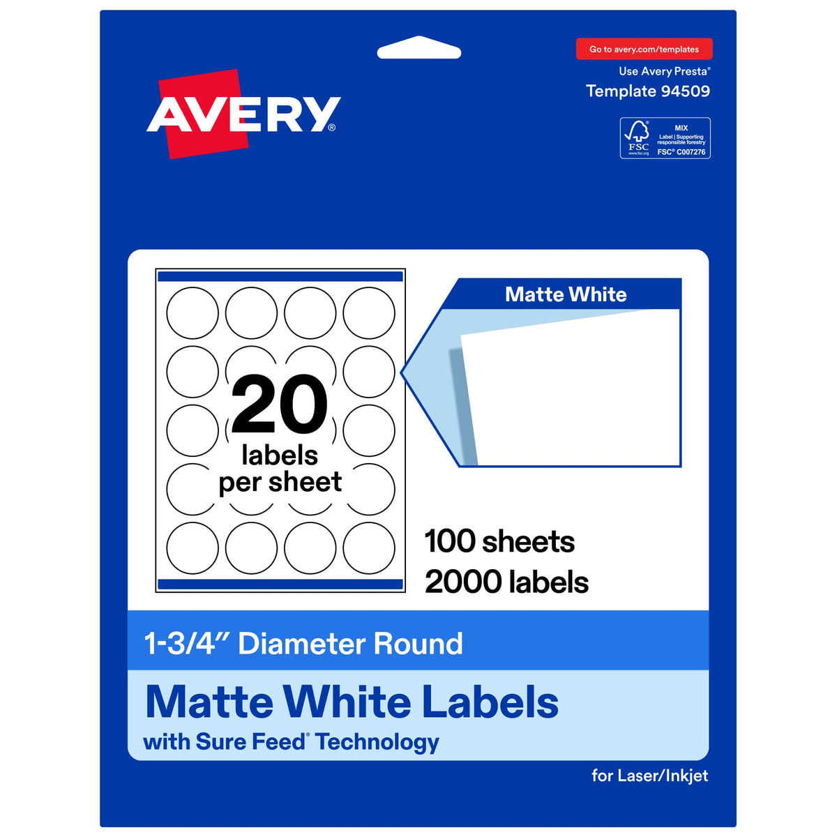 Avery® Matte White Round Labels, 1.75" Diameter, 2000 Total 2,000 labels