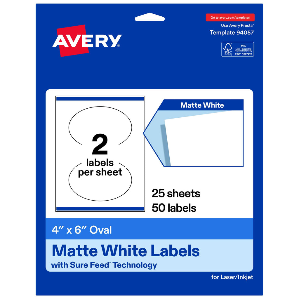 Avery® Printable Matte White Oval Labels, 4" x 6", 50 Total 50 labels