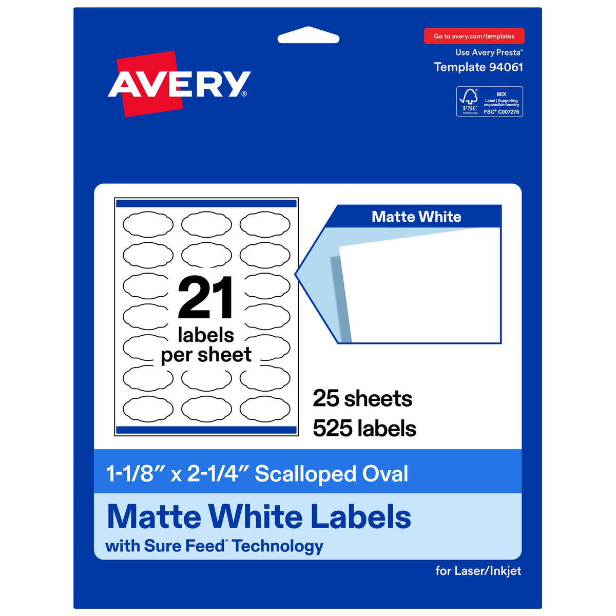 Avery® Matte White Oval Scalloped Labels, 1-1/8" x 2-1/4", 525 Total 525 labels