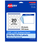 Avery Matte White Square Scalloped Labels, Sure Feed Technology, 1-5/8" x 1-5/8", 500 Matte White Printable Labels 500 labels