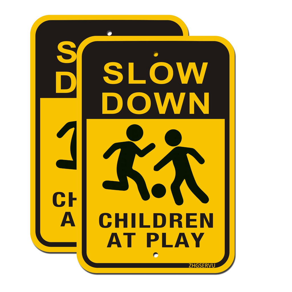 Slow Down Children at Play Signs 2-Pack, Reflective Metal Children Playing Safety Signs, 18” x 12” Rust Free Aluminum, UV Protected Neighborhood Street Caution Safety Yard Signs children at play 02