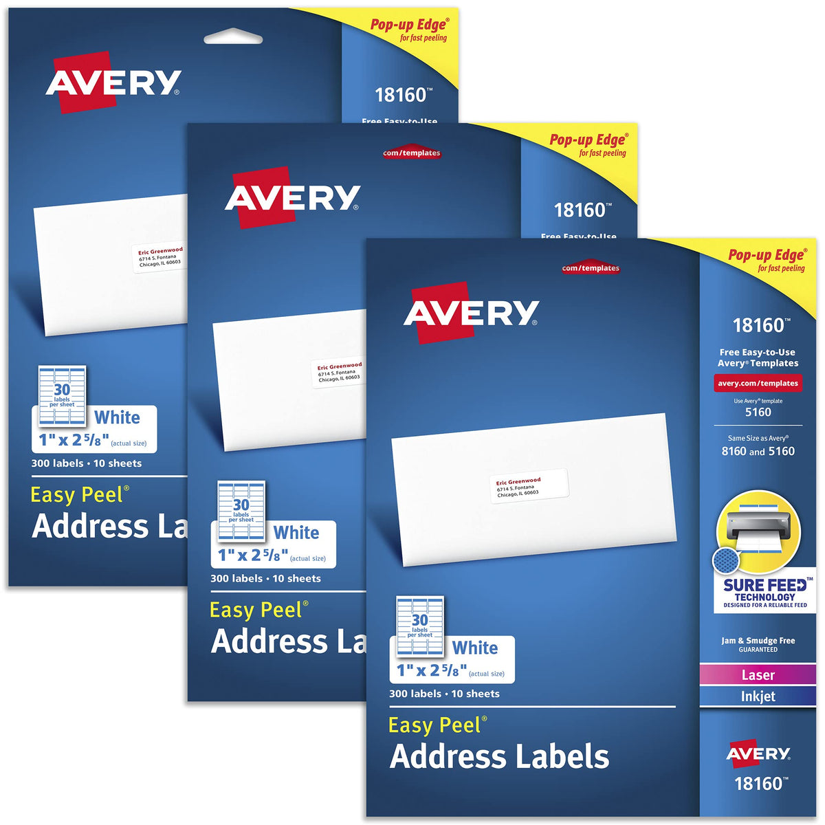Avery® Address Labels for Laser & Inkjet Printers, 300 Labels Per Pack, 3 Packs, 900 Total (18160)