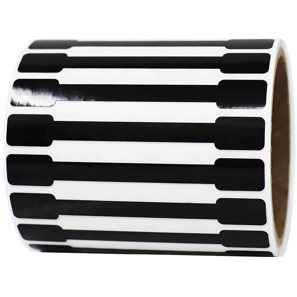 Black blank tamper labels for medication, 0.5 x 4 inches, 500 total labels, produced by , shown on a white background.