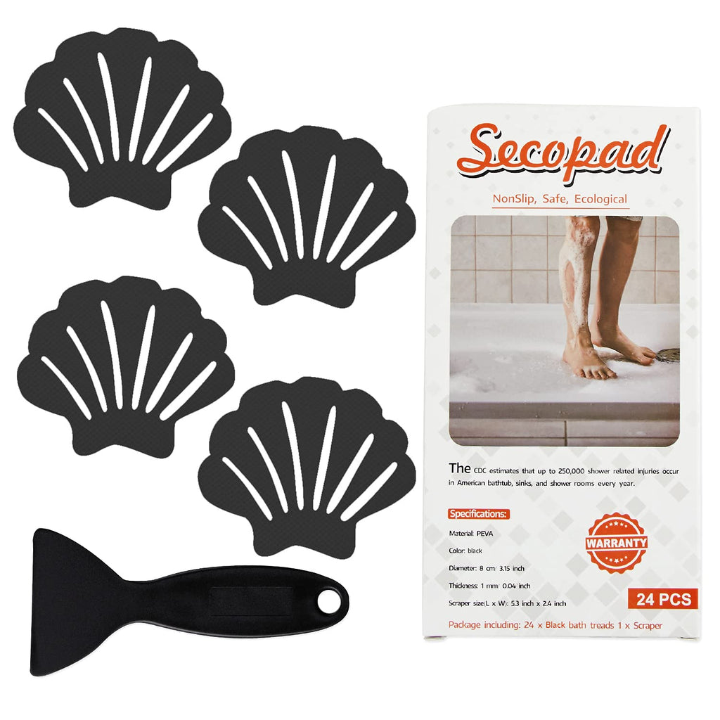 Secopad Non-Slip Bathtub Stickers, 24 PCS Shell Safety Bathroom Tubs Showers Treads Adhesive Decals Scraper (Black) Black