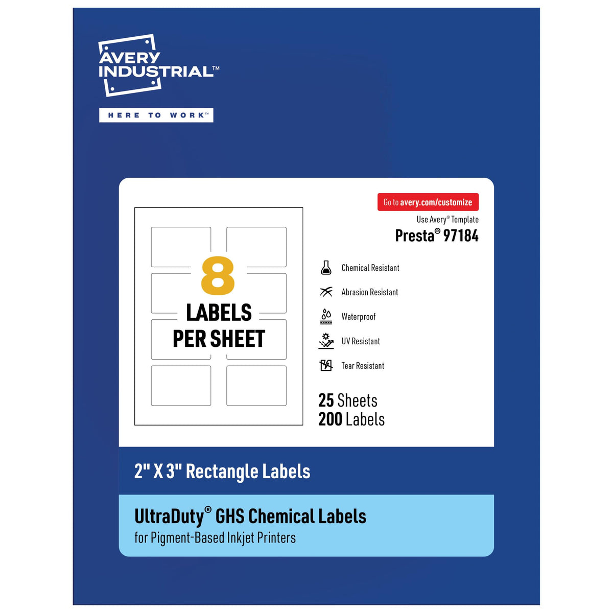 Avery® UltraDuty® GHS Labels, Waterproof, 2 X 3" White Rectangle Labels , 200 Total, Use with Pigment Inkjet Printers 2" X 3" 200 labels