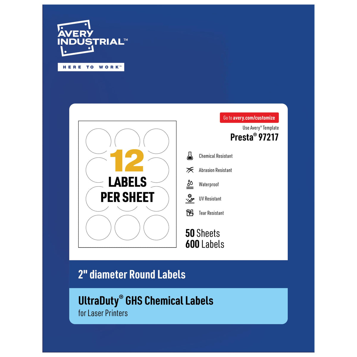 Avery UltraDuty GHS Labels, Waterproof, 2" White Round Labels, 600 Total, Use with Laser Printers 2" 600 labels