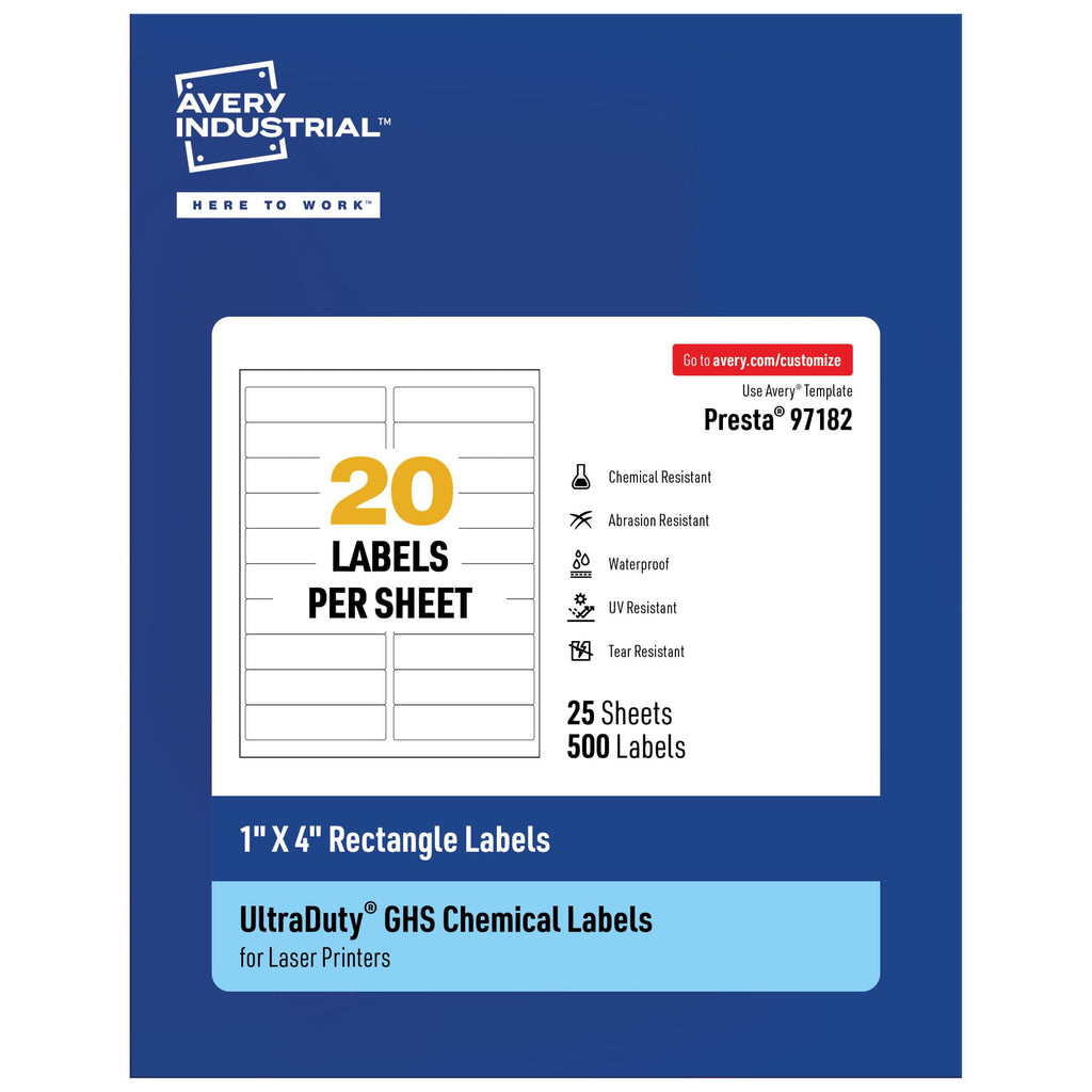 Avery® UltraDuty® GHS Labels, Waterproof, 1 x 4" White Rectangle Labels , 500 Total, Use with Laser Printers 1" X 4" 500 labels