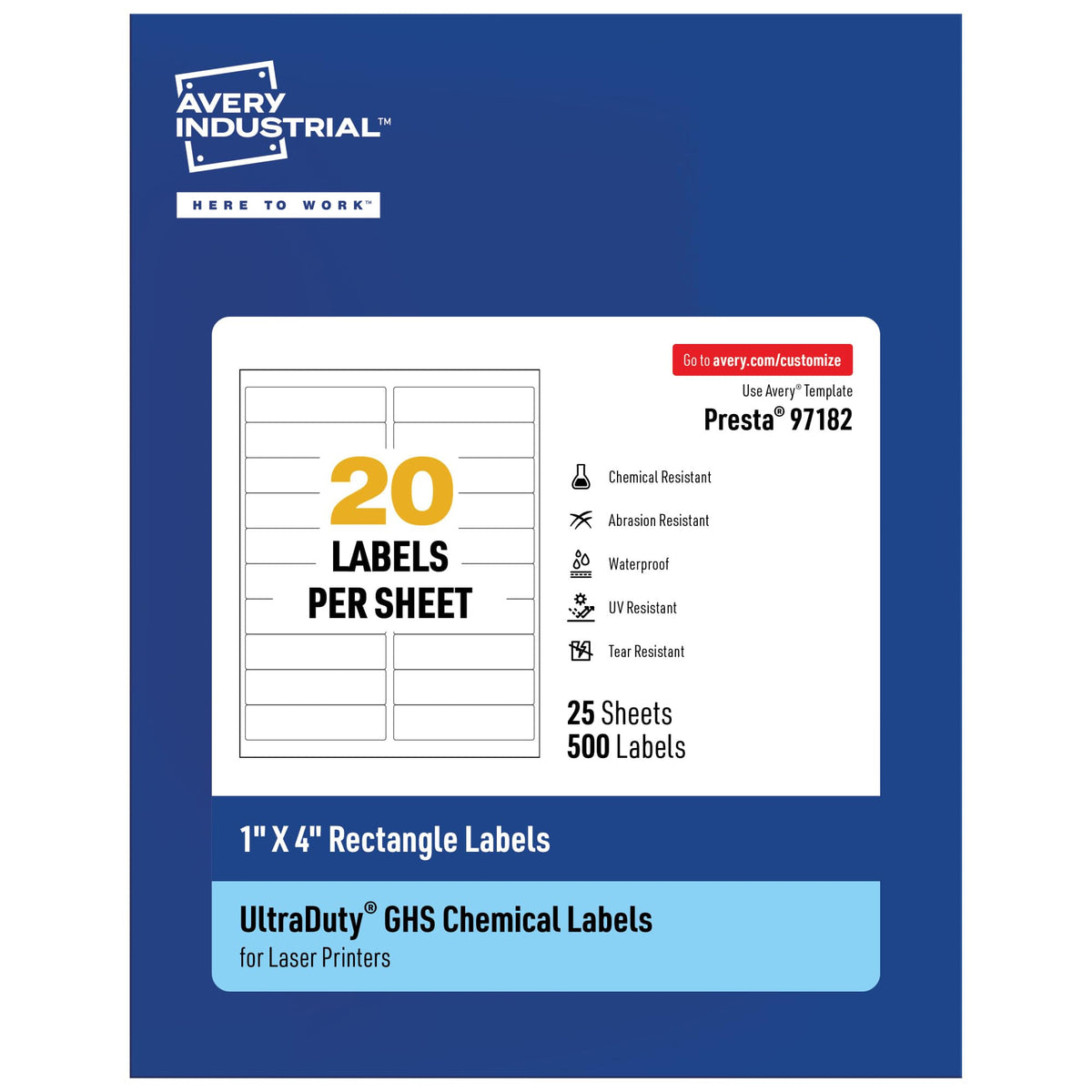 Avery® UltraDuty® GHS Labels, Waterproof, 1 x 4" White Rectangle Labels , 500 Total, Use with Laser Printers 1" X 4" 500 labels