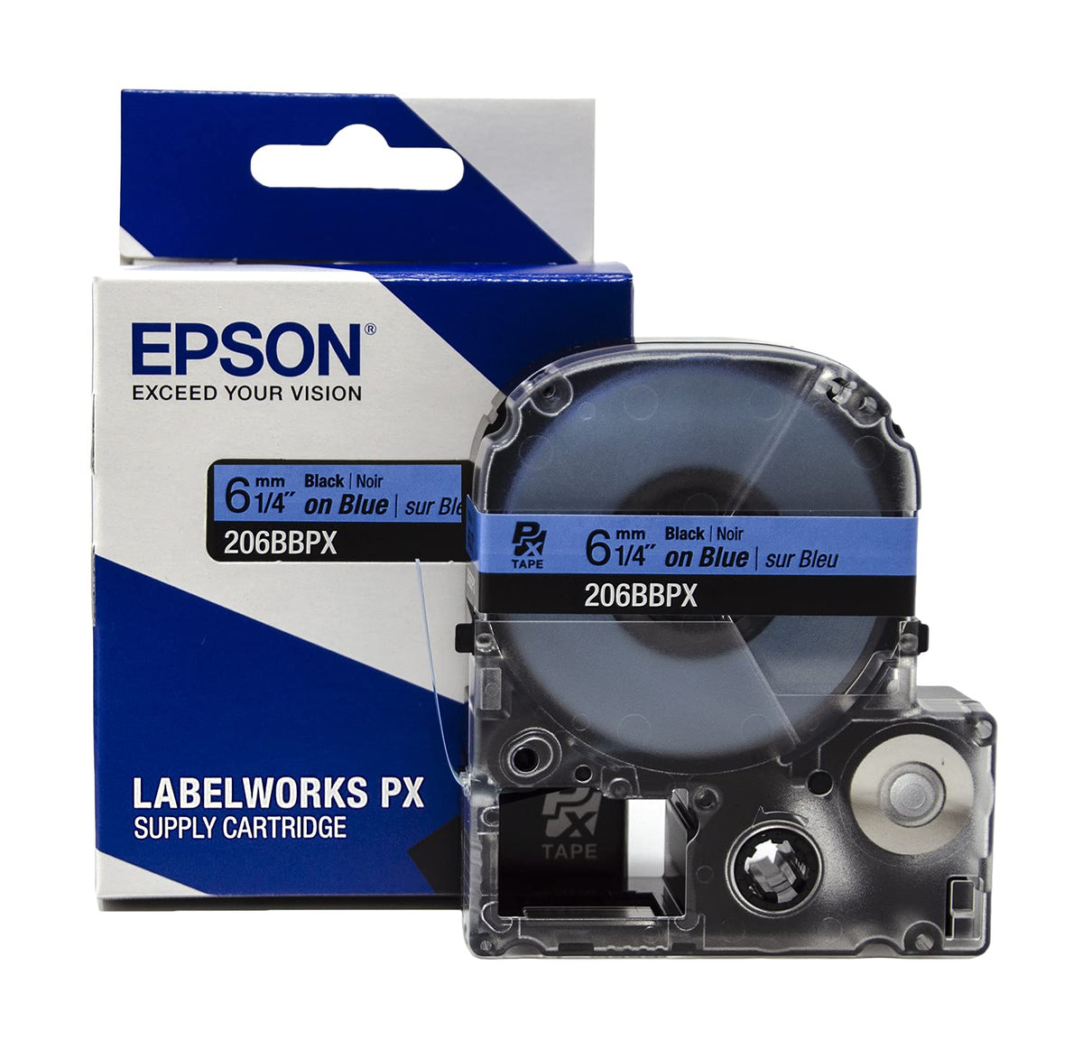 Epson LABELWORKS 206BBPX Label Tape - Black on Blue - 1/4" (6mm), 30ft