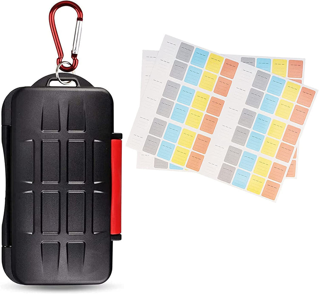 Kiorafoto water-resistant memory card case with 120 labels, holds 12 SD and 12 Micro SD cards, protects and organizes memory cards.