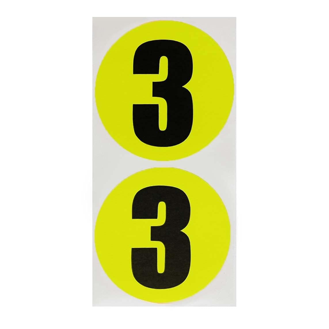 ChromaLabel 3-inch round fluorescent yellow removable color code dot stickers with numbered inventory labels, 100 per pack.