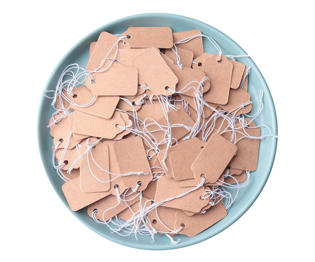 100 Pcs Display Tags with Hanging String Mini Writable (Large, Kraft) Large