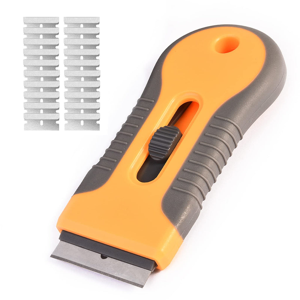 DEKEones Razor Blade Scraper with 20 extra blades, plastic retractable glass scraper for windows, windshields, and vinyl removal.