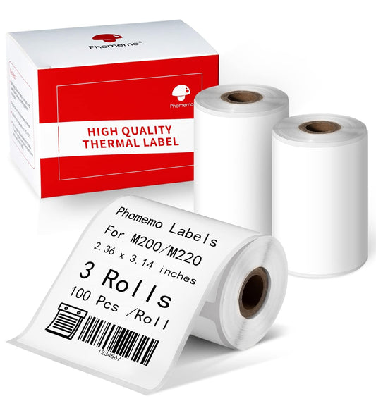 Phomemo Thermal Labels 2.36"x3.14" - Premium Adhesive Multipurpose Stickers for M220 M250 M260 M221 M200 Label Makers - 3 Rolls 300 Labels for Logo Design, QR Code, Name Tag, Small Business 2.36'' X 3.14'' 3 Roll