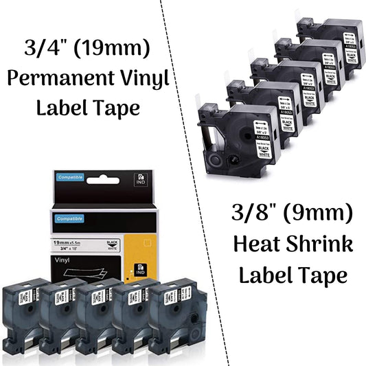 5Pack 3/4'' Permanent Vinyl Label Tape + 5Pack 3/8'' Heat Shrink Tube Labels Compatible with Dymo Rhino Industrial Label Makers 4200 5200 6000