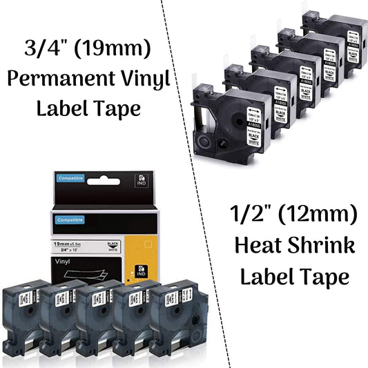 5Pack 3/4'' Permanent Vinyl Label Tape+ 5Pack 1/2'' Heat Shrink Tubing Compatible Dymo Rhino Industrial Label Tape Work with Rhino 4200 5200 600 Label Maker