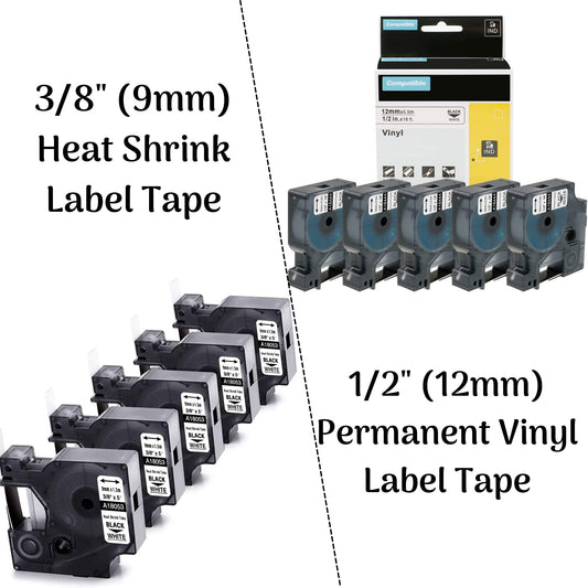 5Pack 3/8'' Heat Shrink Tube Labels + 5Pack 1/2'' Permanent Vinyl Label Tape Compatible with Dymo Rhino 4200 5200 6000 Label Makers