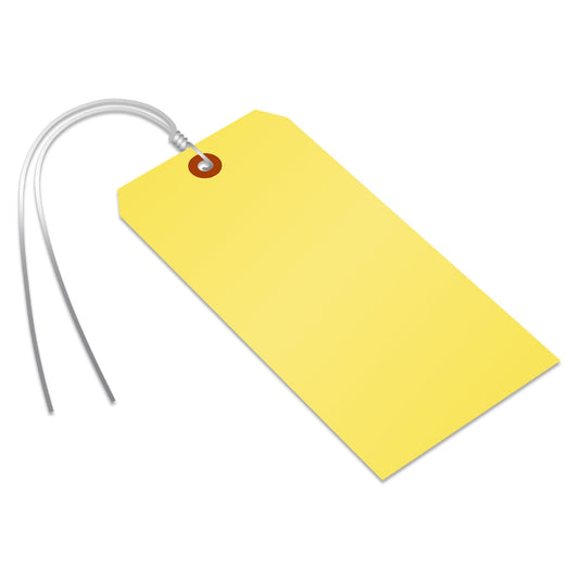 SmartSign (Pack of 100) Yellow Plastic Tags with Wires, 6.25 x 3.125 inch, Metal Eyelet, 10 mil Tear-Proof Polylith Plastic, Writable